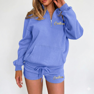 Women Minimalist Crew Neck Sweatshirt Shorts Outfit Women Cozy Crew Neck Sweatshirt with Drawstring Shorts - Product Image 1