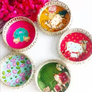 Contemporary Design Metal Pichwai <b>Jar</b> with Tray <b>Decorative</b> Container Set for Festive Use - Product Image 2