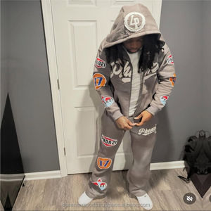 Streetwear Acid Washed Sweats à capuche à fermeture éclair Ensemble de survêtement Acid Wash Distress Patch Pantalon de survêtement évasé et ensemble de sweat à capuche - Product Image 5