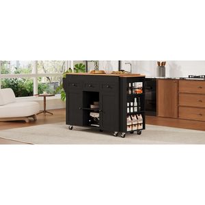 Isola da Cucina K K 85.5'' con Tavolo da Pranzo Estensibile, 3 Ripiani Aperti Laterali e Carrello da Cucina con Ruote, Tavolo Contenitore per Cucina - Product Image 3