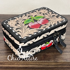 Estuche Organizador de Joyas de Cuero Genuino con Diseño de Cerezas Grabado a Mano, Cierre de Cremallera Elegante, para Mujer, 2026 - Product Image 1