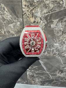 Diamond Inlaid Mechanical <b>Watch</b> 28mm Tonneau Dial Analog Red <b>Rubber</b> Strap Luminous Pointer Style for Men - Product Image 1