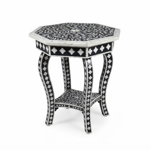 Taburete otomano redondo tapizado en terciopelo con incrustaciones de hueso hechas a mano, patas de metal dorado y mesa auxiliar con patrón floral de enredaderas en oferta. - Product Image 2
