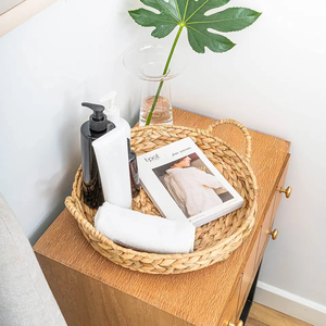 Handwoven Round Straw Basket <b>Tray</b> with Handles for Fruit Bread <b>Kitchen</b> Storage - Product Image 5