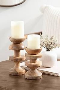 Modern Two-Piece <b>Candle</b> Holder <b>Set</b>, 4 x 4 x 9, Natural Brown, Contemporary Totem Mango Wood Pillar <b>Candle</b> Holders - Product Image 4