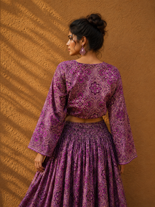 Amethyst Boho Two-Piece Silk Woven Skirt Set for Women-<b>Elastic</b> Waist Paisley Print Maxi Skirt Lantern Sleeve Tie Neck Crop Top - Product Image 3