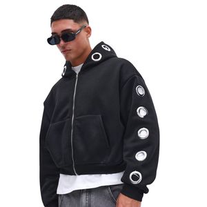 Sudadera con capucha informal para hombre, personalizada, de algodón grueso y elegante, con ojales metálicos porosos y detalles metálicos de gran tamaño - Product Image 4