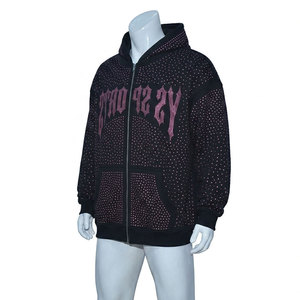 Sudadera con Capucha Extra Grande para Hombre, con Cierre, Logotipo de Diamantes de Imitación, Diseño de Puntos, Estilo Urbano, Negra, de Poliéster, para Otoño - Product Image 3