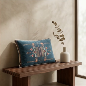 Cojín Decorativo con Estampado Geométrico en Terracota y Crema para Sillón y Sofá de Sala de Estar, Diseño BLOCK PRINT-BLUE 44x44 cm - Product Image 2