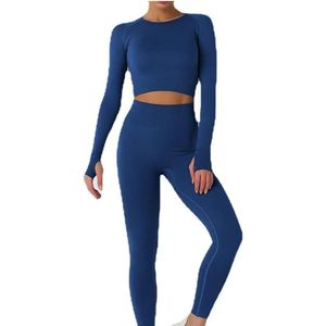 Conjunto Deportivo de 2 Piezas, Top de Manga Larga sin Costuras, Cintura Alta, Ropa Deportiva de Compresión, Azul Marino - Product Image 2