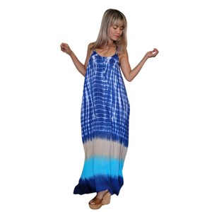 Stylish Blue Ombre Tie Dye Rayon Maxi Dress Sleeveless <b>Spaghetti</b> <b>Strap</b> Neck Bohemian Long Dress for Women - Product Image 4