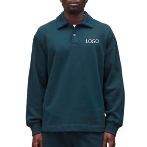 Sweat-shirt pour homme à col rabattu avec fermeture boutonnée, design uni, manches longues avec épaules tombantes, coutures de haute qualité - Product Image 1