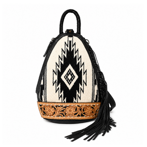 Handcrafted Women's <b>Backpack</b> Aztec Pattern Genuine Leather Trim Fringe Detail Travel Fashion <b>Backpack</b> Western Boho Style Bagpack - Product Image 1