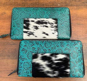Nouveau 2025 Designer de luxe de haute qualité en cuir de vachette véritable fermeture éclair portefeuille pour femmes Turquoise en relief Floral pochette en cuir - Product Image 3