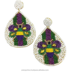 Pendientes de Aro Bohemios Hechos a Mano con Diseño Geométrico de Flor de Lis, Adornados con Cuentas de Colores, Joyería Infantil para Festivales, Fiesta de Mardi Gras - Product Image 2