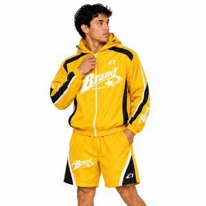 Veste coupe-vent jaune deux pièces personnalisée à faible MOQ, broderie patchwork, fermeture éclair, nylon, polyester, streetwear unisexe, shorts, sweats à capuche - Product Image 5
