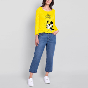 Women Yellow Long Sleeve <b>T</b>-<b>Shirt</b> <b>Minnie</b> <b>Mouse</b> Print Crew Neck Casual Slim Fit Solid Ruched Jersey Cotton Knitted - Product Image 1
