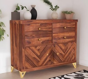 Mid-Century Modern Solid Wood <b>Sideboard</b> | Chevron Pattern Accent Cabinet with Gold Legs | Wholesale Living Room Home Furniture - Product Image 1