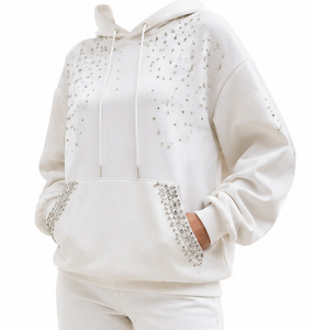 Sweat-shirt à capuche oversize blanc pour femme avec imprimé géométrique à paillettes, manches longues, en coton tricoté, pour l'automne - Product Image 6