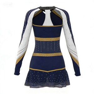 Uniforme de cheerleading pour femmes, bleu marine, or, strass, impression par sublimation, robe sans manches, taille adulte - Product Image 3