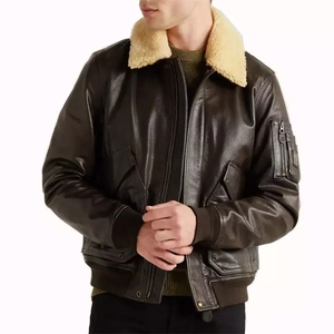 <b>Men's</b> Genuine Leather Bomber <b>Jacket</b> <b>Shearling</b> Collar Aviator Pilot Winter Coat Windproof Moto Biker Style - Product Image 3