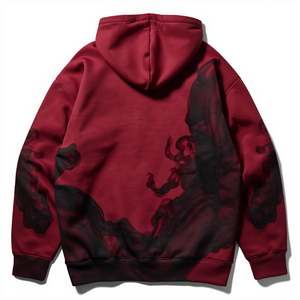 Luxury Men's Crimson Heavy Fleece Hoodie with Shadow Flare Graphic Contemporary Oversized Cotton Pullover Sweatshirt Design - Product Image 3