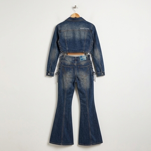 Conjunto de Dos Piezas de Mezclilla Azul para Mujer, Chaqueta Corta con Cordones, Jeans Acampanados con Acabado Lavado, Fabricante de Ropa al por Mayor, OEM, ODM Personalizado - Product Image 6