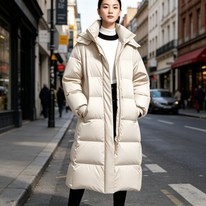 Long Quilted <b>Winter</b> Jacket With Hood Full Sleeves Zipper Closure Solid Color Polyester Shell <b>Thick</b> Warm <b>Coat</b> - Product Image 4