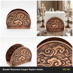 Porta Servilletas de Cobre Antiguo Hecho a Mano, 13 cm, Relieve de Nubes, Baadal Repousse, Decoración para Hogar/Hotel - Product Image 5