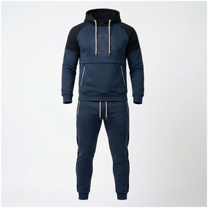 Ensemble de survêtement bleu marine pour homme, à capuche, manches longues, imprimé géométrique, poches latérales, cordon de serrage, vêtements décontractés pour l'automne - Product Image 1