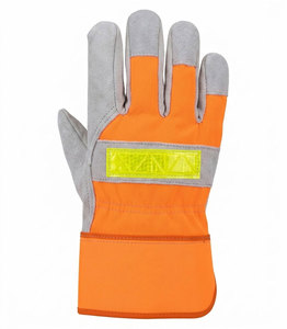 Gants de travail durables en cuir de vachette pleine fleur avec dos en coton fluorescent orange haute visibilité et bande réfléchissante - Product Image 2