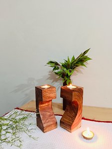 Artisan Crafted Wooden Tealight Holder Hand Cart Heart Design Contemporary Geometric Candle <b>Stand</b> for Luxury Home Decor - Product Image 5