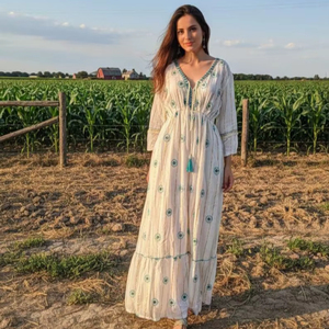 ชุดเดรสผ้าไหมสไตล์โบฮีเมียนสำหรับใส่ไปชายหาด - ชุดเดรสผ้าไหมอินเดียแบบส่าหรีสำหรับใส่ไปชายหาดในฤดูร้อน - ชุดเดรสยาวแม็กซี่แฟชั่นสำหรับผู้หญิง ผ้าไหมผสมผ้าฝ้าย - Product Image 1
