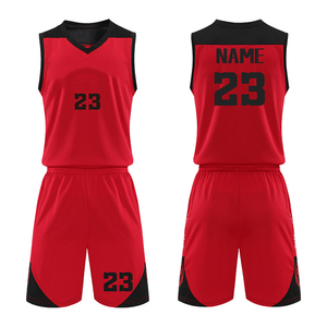 Tenues de basket-ball rouges personnalisées sans manches, col en V, séchage rapide, ensemble short et maillot en polyester, unisexe adulte, toutes saisons - Product Image 1