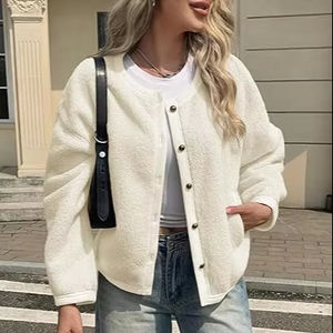 Vestes en polaire sherpa pour femmes de haute qualité, coupe courte, boutonnées, col rond, vêtements d'extérieur - Product Image 1