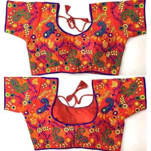 HOJA DE HILO DE SEDA DE DISEÑADOR CON TRABAJO DE ESPEJO BLUSA LISTA PARA LLEVAR NARANJA - Product Image 1