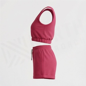 Women's 2 Piece Solid Color Sporty <b>Set</b> Sleeveless Crop Top and Above Knee Shorts Pink <b>Knitted</b> Breathable Casual Wear - Product Image 3