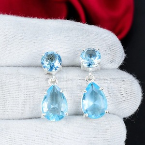 Swiss Blue Topaz Pear Cut Drop <b>Earrings</b> 925 Sterling <b>Silver</b> Handmade Gemstone Dangle <b>Earrings</b> <b>Wedding</b> Anniversary Birthday Gift - Product Image 4