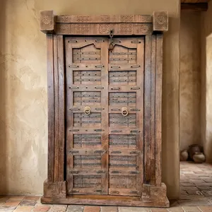 Porte double en bois vintage de Bangalore, style héritage indien, avec cadre orné, quincaillerie métallique antique, darwaza traditionnel rustique - Product Image 6