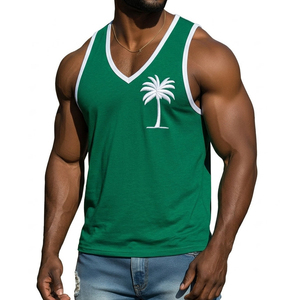 Men's V-Neck Muscle Tee With Contrast Trim Customizable Logo Embroidered Sleeveless Gym <b>Vest</b> Wholesale Fashion Tank Top For Men - Product Image 1