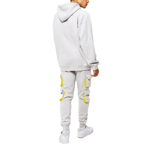 Men's Gray Hooded <b>Tracksuit</b> Set With Yellow Accents Full Length Cotton Casual Wear Spring Loose Fit Zipper Closure Side Pockets - Product Image 3