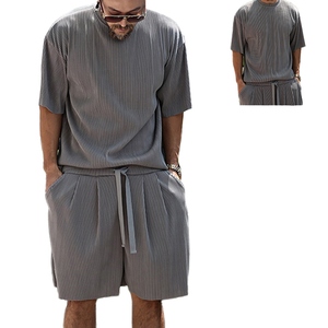 WARPRO INDUSTRY Men's Black <b>Knitted</b> Shirt Shorts <b>Set</b> Solid Casual Summer Outfit Breathable Polyester Digital Printed Two Piece - Product Image 4