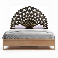 Tête de lit en bois sculpté artisanal Smart Art, motif lotus et demi-lune, style balinais, réglable en hauteur, éclairée, style artisanal pour appartement, à suspendre au mur