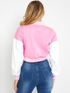Veste de sport rose avec manches blanches, lettre B brodée, fermeture à boutons, longueur courte, vêtement d'automne - Product Image 3