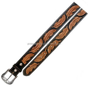 Ceinture d'outillage en cuir occidental pour hommes en relief avec plumes sculptées et peintes à la main avec coutures à bord blanc et boucle argentée amovible - Product Image 4
