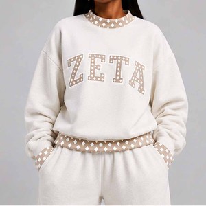 Zeta Custom College <b>Mock</b> <b>Neck</b> Crew <b>Neck</b> Sweatshirt Women Men Ladies Unisex Polka Dot Gingham Patch Chenille Letter Embroidery - Product Image 1