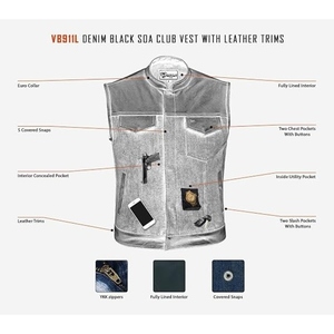 Custom <b>Men's</b> Denim & Genuine Leather Motorcycle Club Vest Stand Collar Snap Front Biker Riding <b>Waistcoat</b> OEM Manufacturer - Product Image 5