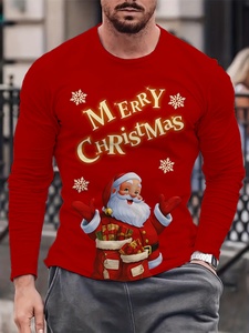 Mens <b>Christmas</b> Long Sleeve <b>T</b>-<b>Shirt</b> Red O-Neck Printed Santa Claus Merry <b>Christmas</b> Cartoon Tee - Product Image 2