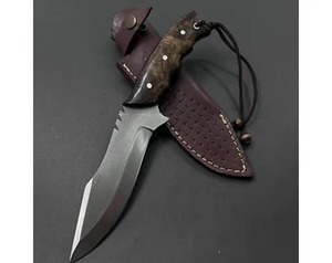 Cuchillo de caza y camping hecho a mano, hoja de acero de Damasco, punta de caída, filo recto, 4 mm de grosor, mango de madera, funda de cuero - Product Image 6