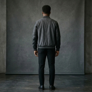 Men's Charcoal Wool <b>Jacket</b> Black Leather Sleeves Custom Logo Rib Knit Collar Cuffs Snap Front Luxury Streetwear Bomber Outerwear - Product Image 2